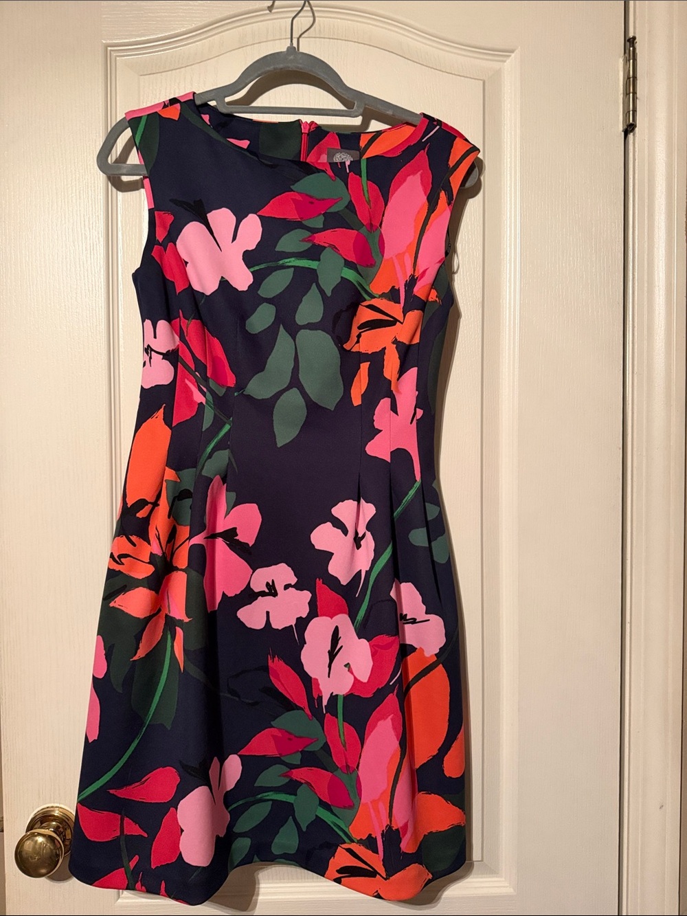Vince Camuto Navy Sleeveless Fit-and-Flare Dress with Pink & Orange Floral